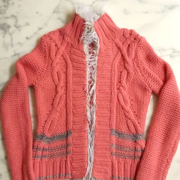 NWT. Free People Multi color/knitted pattern cardigan sweater with faux fur trim - Picture 3 of 8
